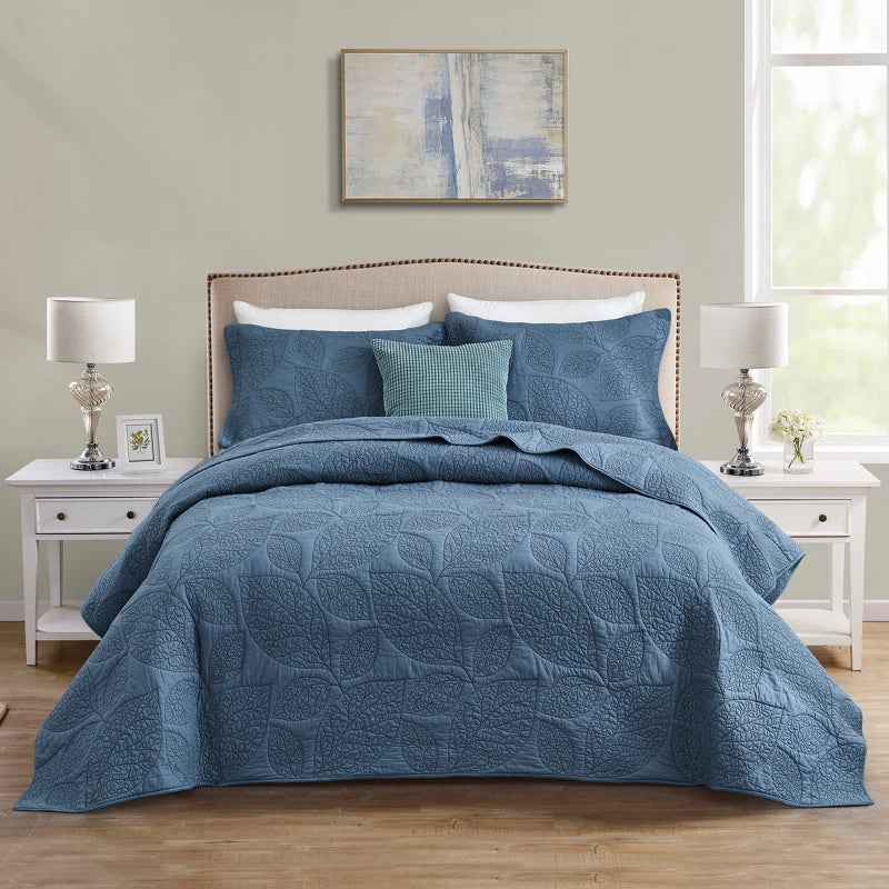 CHIXIN Botanical Cotton Quilt Queen Size - Real Stitching Leaf Pattern - Quilted Bedspread Coverlet Set, Ultra Soft, Lightweight, Reversible, 3 Piece, Navy Blue - Image 1